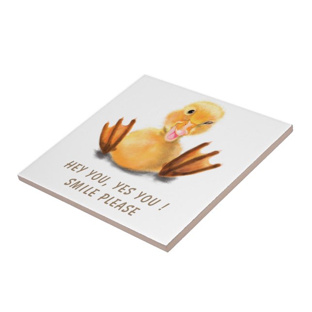 Funny Yellow Duck Playful Wink Smile - Custom Text Ceramic Tile (Side)