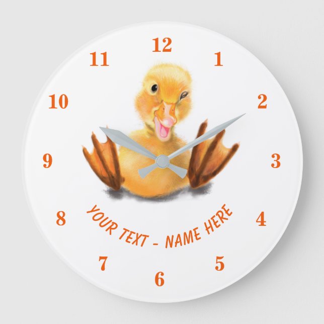 Funny Yellow Duck Playful Wink Smile - Custom Text Large Clock (Front)