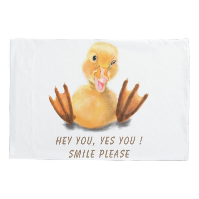 Funny Yellow Duck Playful Wink Smile - Custom Text Pillow Case (Back)