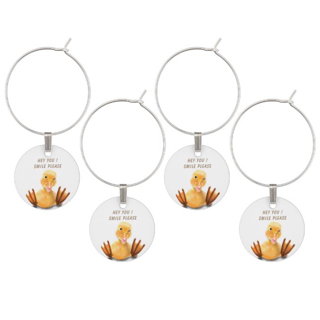 Funny Yellow Duck Playful Wink Smile - Custom Text Wine Charm (Staggered)