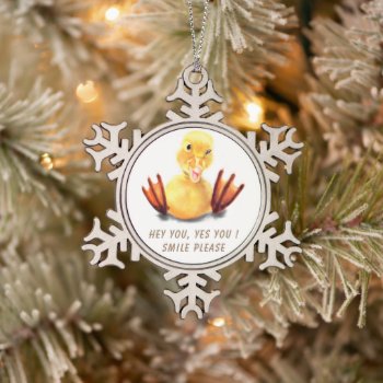 Funny Yellow Duck Playful Wink Smile - Your Text Snowflake Pewter Christmas Ornament by Migned at Zazzle