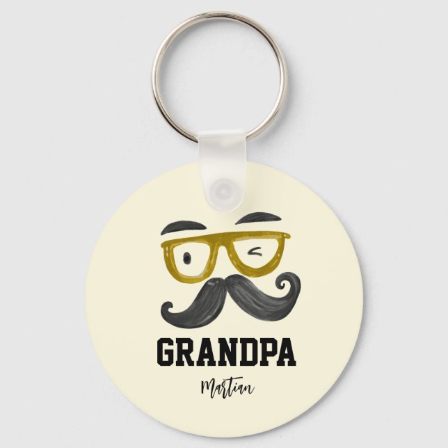 Funny Yellow Glasses And Mustache Custom Grandpa  Keychain (Front)
