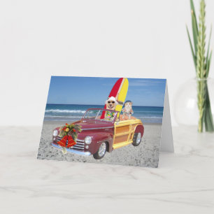 Funny Yellow Lab & Cat Surfer Christmas Holiday Card