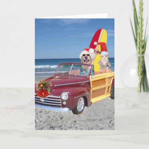 Funny Yellow Lab  Cat Surfer Christmas Holiday Card