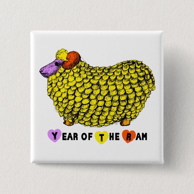 Funny Yellow Ram Chinese Year Zodiac Birthday SqB Pinback Button (Front)