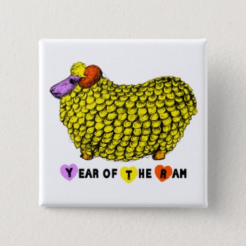 Funny Yellow Ram Chinese Year Zodiac Birthday Sqb Pinback Button by 2015_year_of_ram at Zazzle