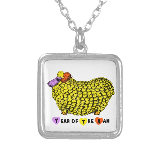 Funny Yellow Ram Chinese Year Zodiac Birthday SqN Silver Plated Necklace (Front)