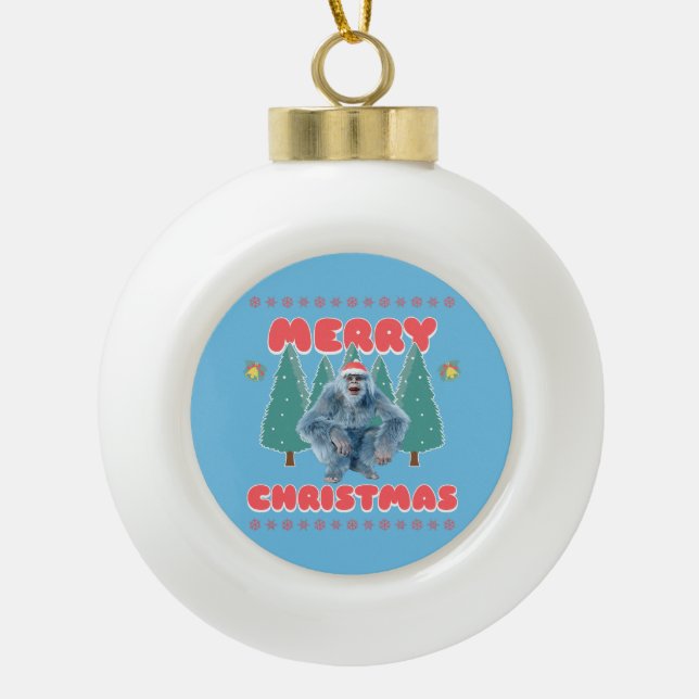 Funny Yeti - Merry Christmas Ceramic Ball Christmas Ornament (Front)