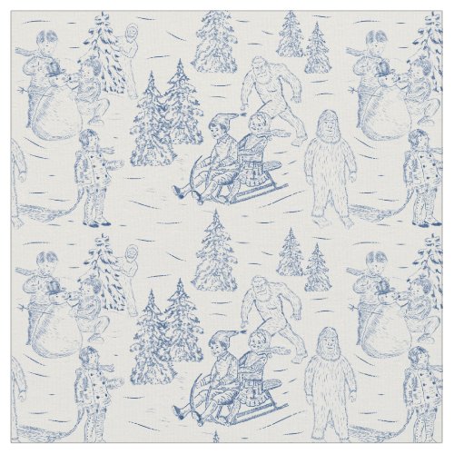 Funny Yeti Monsters Antique Winter Toile Pattern Fabric
