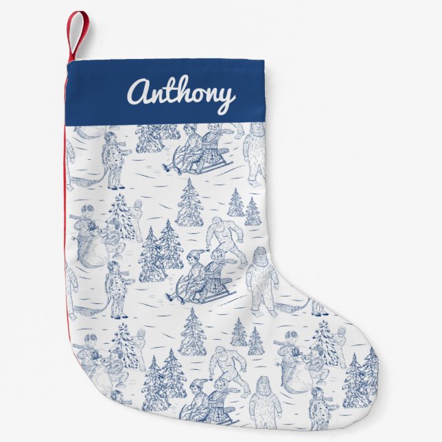 Funny Yeti Monsters Antique Winter Toile Pattern Small Christmas Stocking (Front)