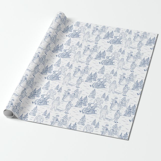 Funny Yeti Monsters Antique Winter Toile Pattern Wrapping Paper (Unrolled)