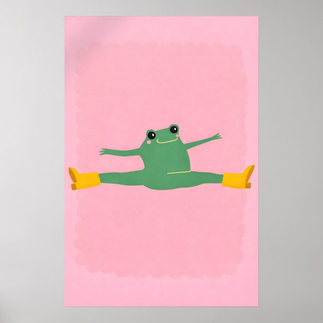 Funny Yoga Frog Split Poster, Pink Playful Cartoon Poster (Front)