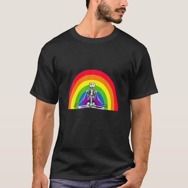 Funny Yoga Skeleton, Rainbow, Meditation, Chakra T-Shirt (Front)