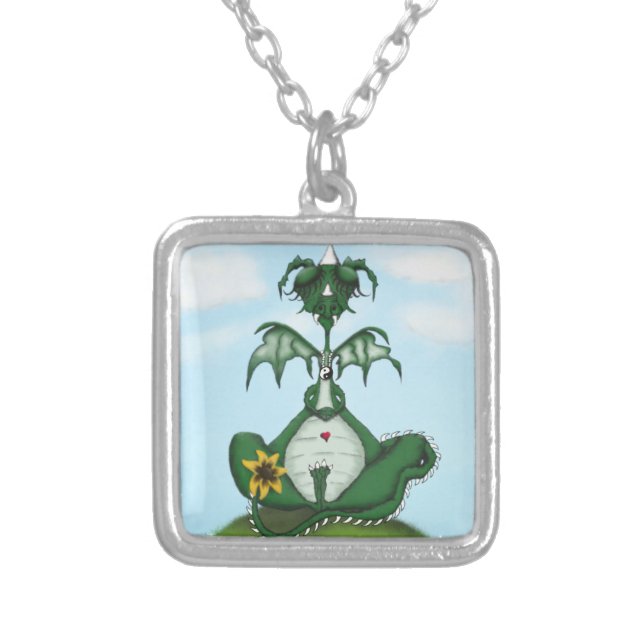 Funny Yogi Dragon Painting Silver Plated Necklace (Front)