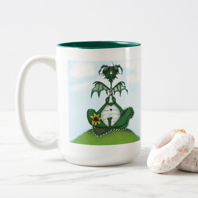 Funny Yogi Dragon Painting Two-Tone Coffee Mug (With Donut)