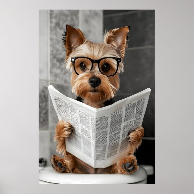 Funny Yorkie Bathroom Print, Reading Newspaper Poster (Front)