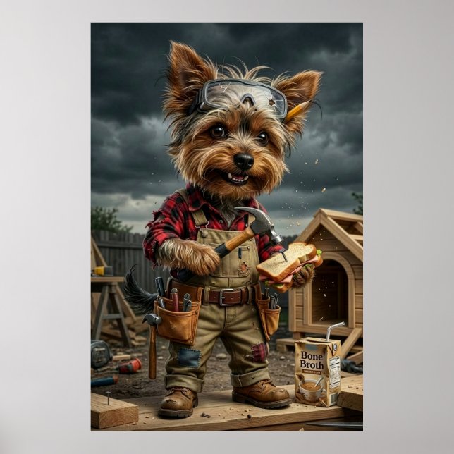Funny Yorkie Construction Worker Poster – Playful  (Front)