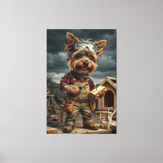 Funny Yorkie Construction Worker Poster – Playful  Canvas Print