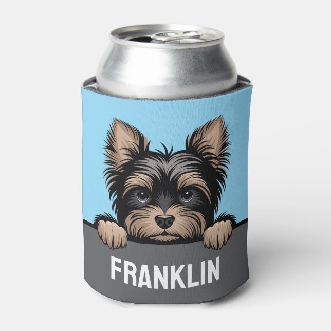 Funny Yorkie Cute Peeking Yorkshire Terrier Dog Can Cooler (Can Front)
