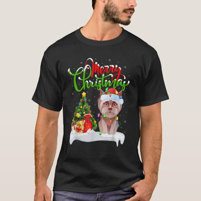 Funny Yorkie Dog Lover Xmas Lighting Yorkie Christ T-Shirt (Front)