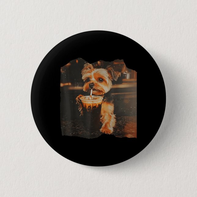 Funny Yorkie Drinking Iced Coffee Cute Dog Meme Button (Front)