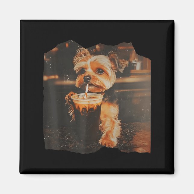 Funny Yorkie Drinking Iced Coffee Cute Dog Meme Magnet (Front)