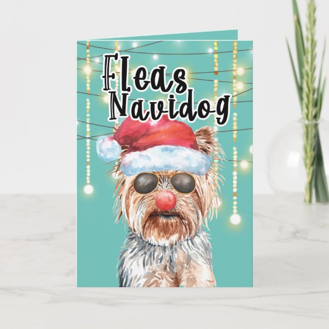 Funny Yorkie Santa in lights happy holidays Card (Front)