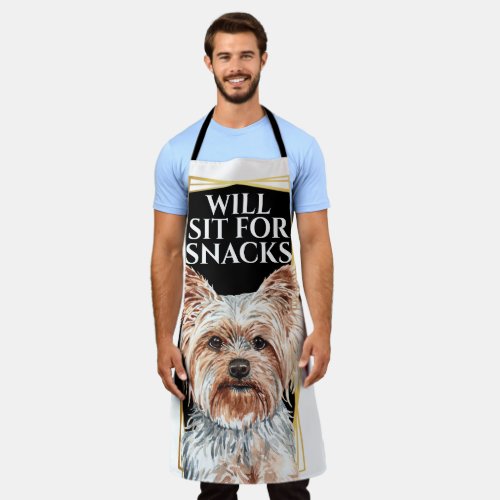 Funny Yorkie sit for snacks watercolor art Apron