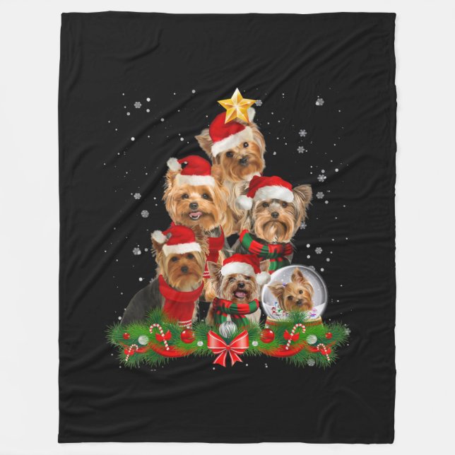 Funny Yorkshire Terrier Dog Christmas Tree Fleece Blanket (Front)