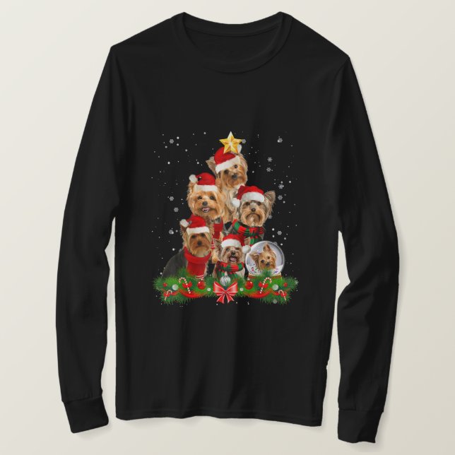 Funny Yorkshire Terrier Dog Christmas Tree T-Shirt (Design Front)