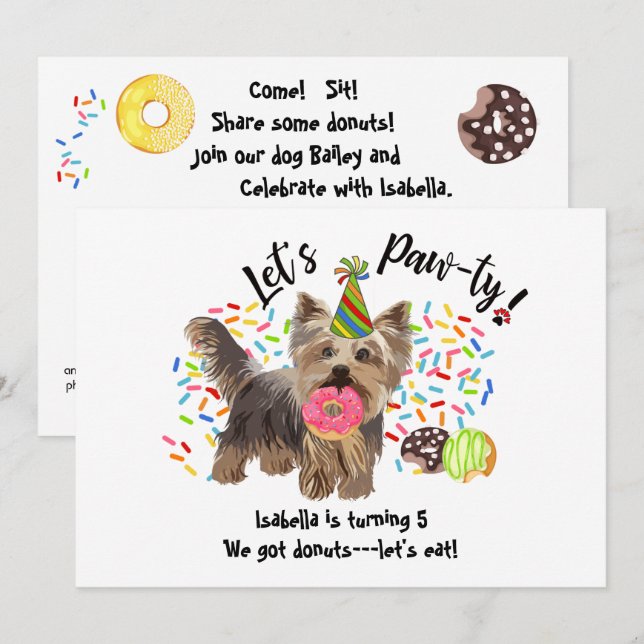Funny Yorkshire Terrier Dog Donuts Birthday Party Invitation (Front/Back)