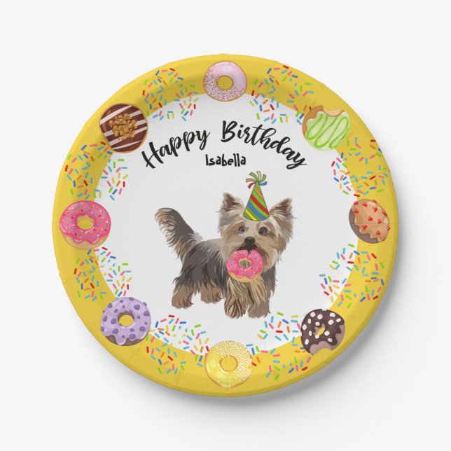 Funny Yorkshire Terrier Dog Donuts Birthday Party Paper Plates (Front)