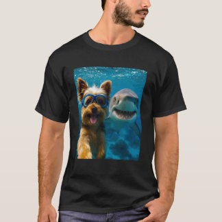 Funny Yorkshire Terrier Dog Selfie with Shark Ocea T-Shirt