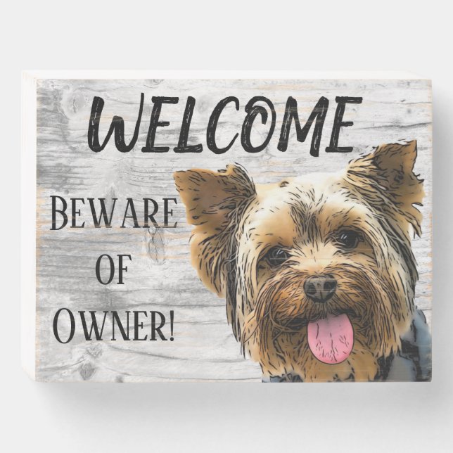 Funny Yorkshire Terrier Welcome Cute Dog Yorkie Wooden Box Sign (Front Horizontal)