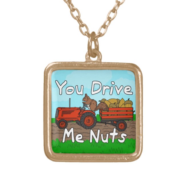 Funny You Drive Me Nuts Squirrel Pun Gold Plated Necklace (Front)