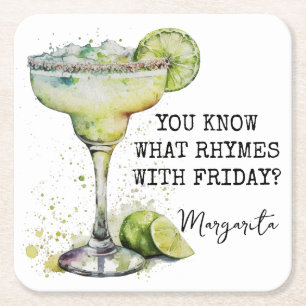 Funny You Know What Rhymes with Friday Margarita Square Paper Coaster