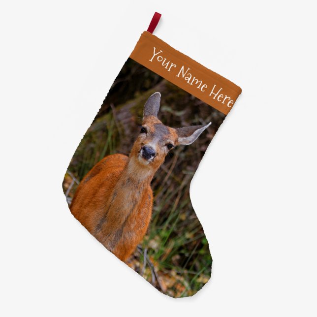 Funny Young Blacktail Deer Smiles at Photographer Large Christmas Stocking (Front (Hanging))