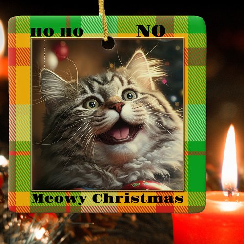 Funny Your Cat Photo Colorful Plaid Christmas Ceramic Ornament