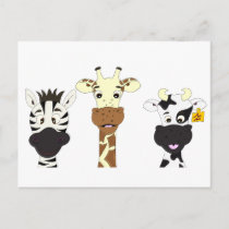 Funny zebra giraffe cow cartoon kids postcard