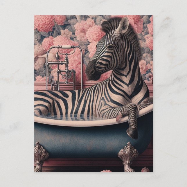Funny Zebra in a Bathtub in a Pink Floral Bathroom Postcard (Front)