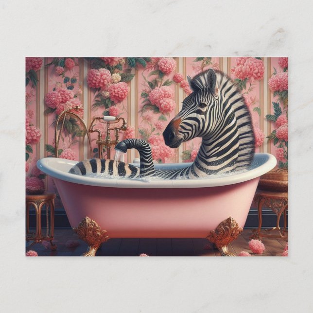 Funny Zebra in a Bathtub Pink Floral Bathroom Postcard (Front)