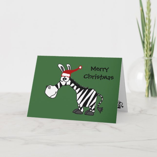 Funny Zebra in Santa Hat Christmas Cartoon Holiday Card (Front)