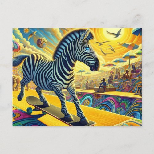 Funny Zebra Skateboarding Postcard