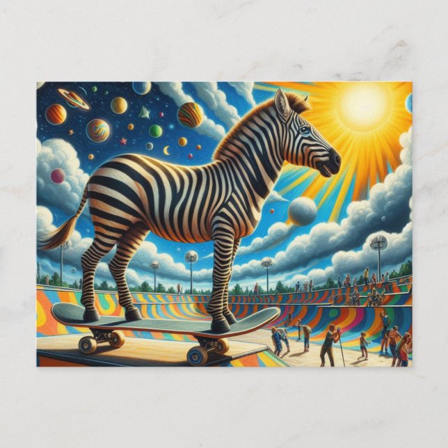 Funny Zebra Skateboarding Surreal Colorful Postcard (Front)