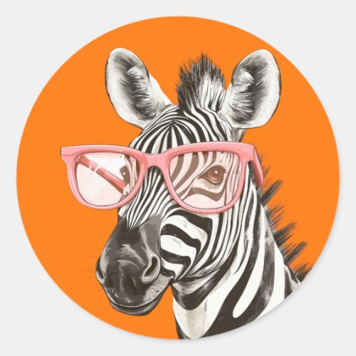 Funny Zebra with Orange Glasses | Cute Classic Round Sticker