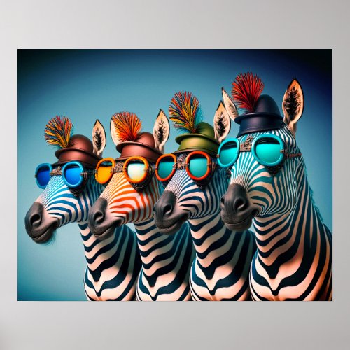 Funny Zebras Cute Zoo Animals Party Hats Glasses Poster
