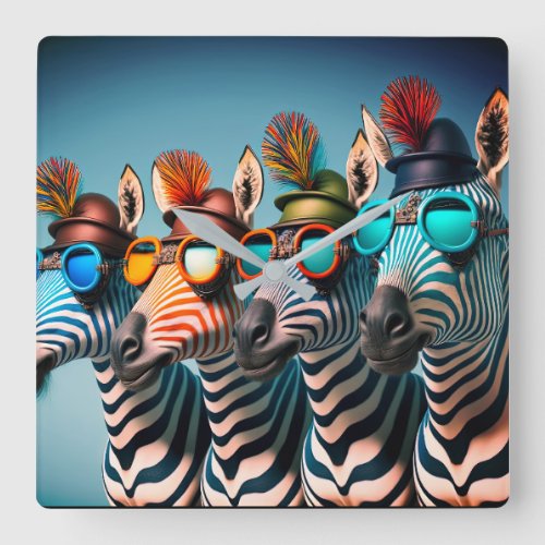 Funny Zebras Cute Zoo Animals Party Hats Glasses Square Wall Clock