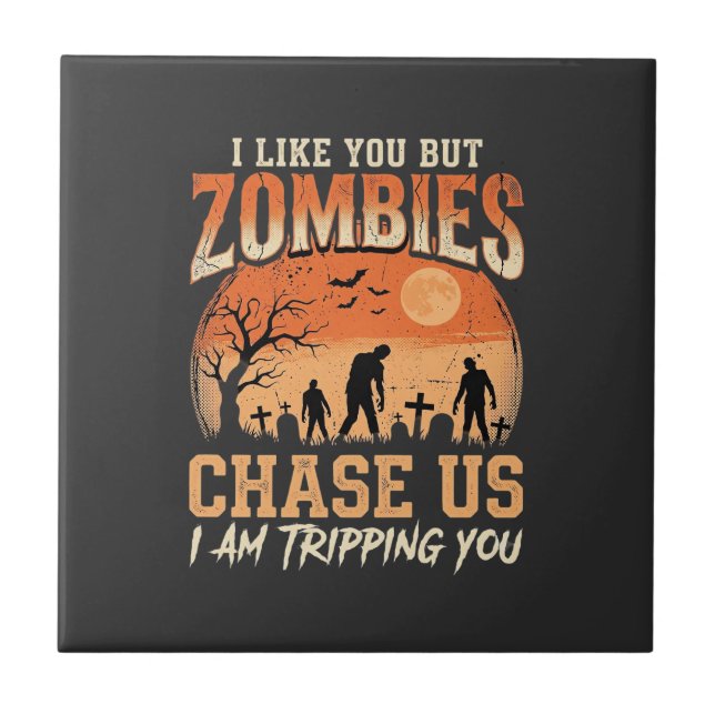 Funny Zombies Halloween Chase Us Design Ceramic Tile (Front)