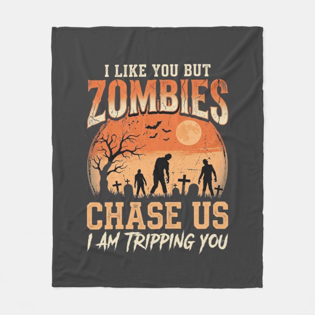 Funny Zombies Halloween Chase Us Design Fleece Blanket (Front)