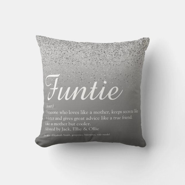 Funtie Aunt Auntie Definition Silver Glitter Throw Pillow (Front)